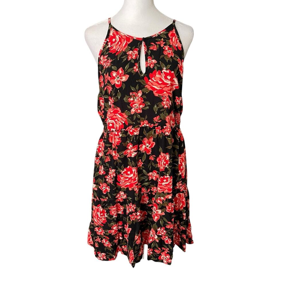 Xhilaration Large Swing Dress Red Black Floral Print Hawaiian Tropical